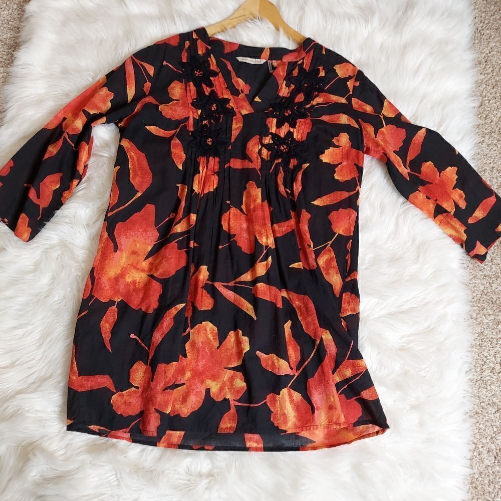Soft‎ Surroundings Red And Black Floral 3/4 Sleeve Blouse Sz SP